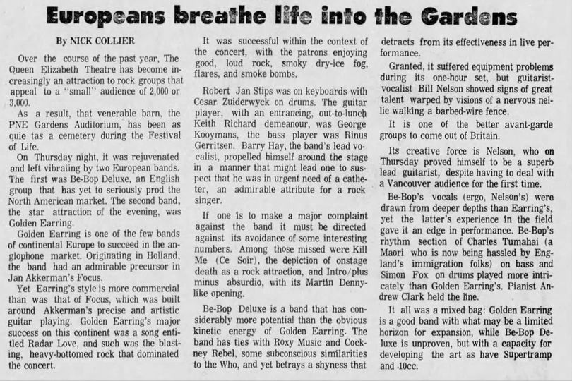Golden Earring newspaper show review April 01 1976 Vancouver - P.N.E Gardens